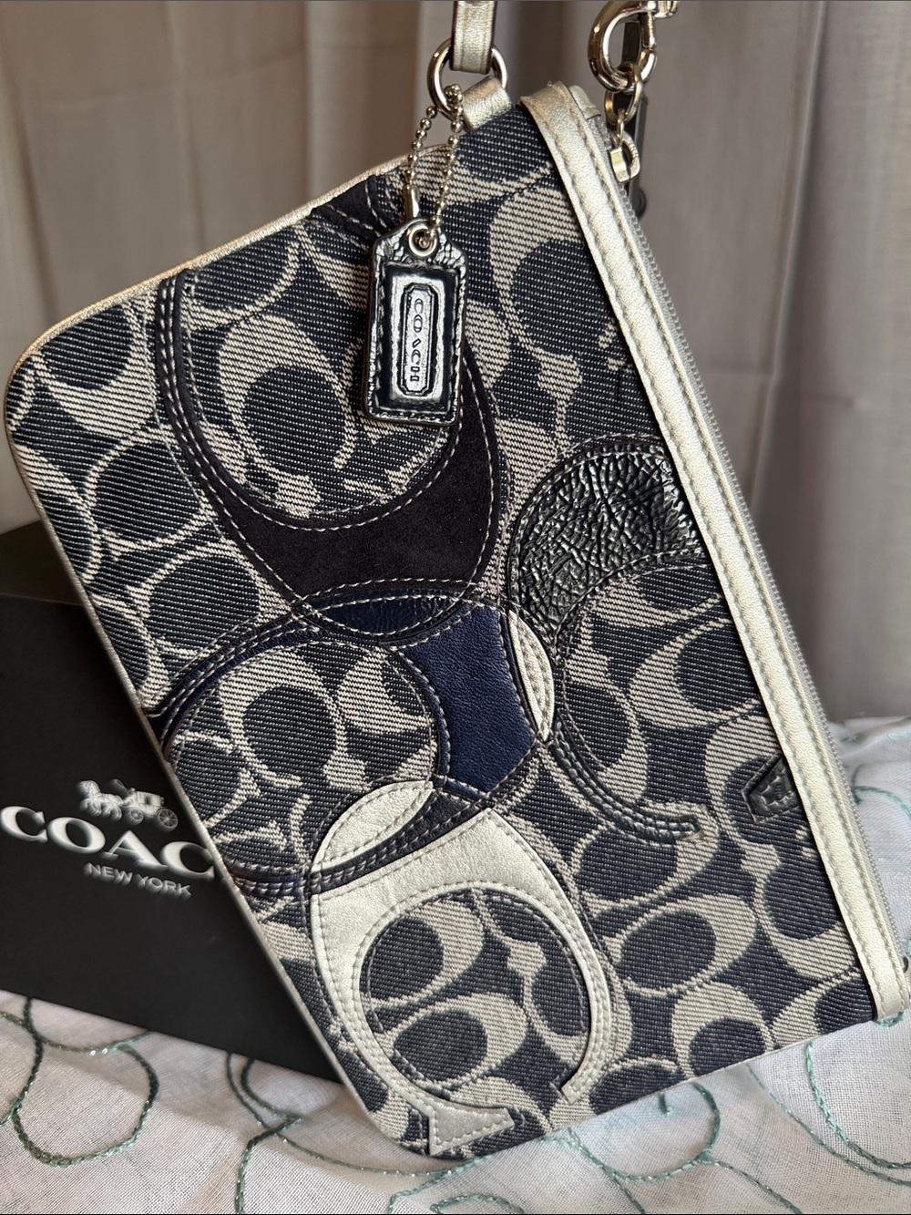 Coach Poppy Signature Denim Patchwork Large Wristlet (Style #45185)